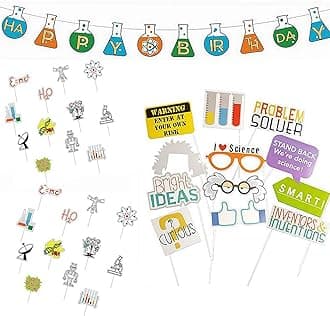 Science Theme Birthday Decoration Kit Birthday Banner Cupcake Toppers PhotoBooth Props Mad Science Party for Mad Scientist Chemistry Laboratory Theme Party
