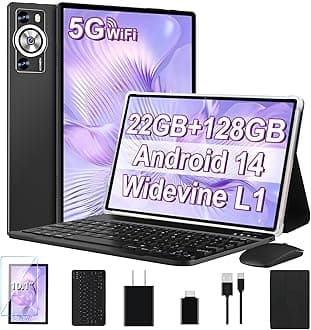 DEERTiME Android 14 Tablet 10.1 Inch 8000mAh Battery Tablets with 22GB RAM 128GB ROM 1TB Expand, Octa-Core HD Touchscreen Tablet with Keyboard, Mouse, Support Widevine L1, Split-Screen - Black