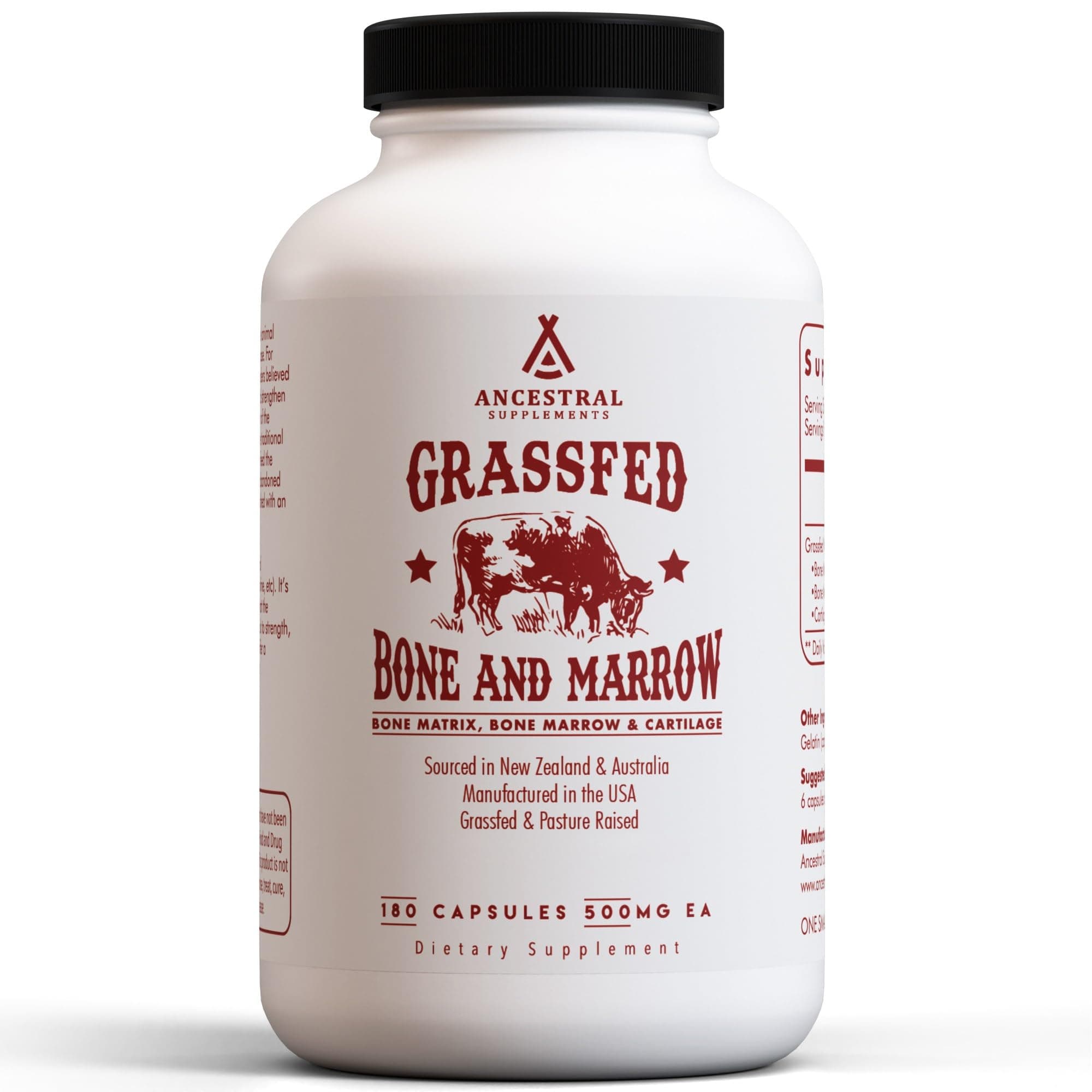 Ancestral Supplements Grass Fed Beef Bone and Marrow Supplement, Bone, Skin, Oral Health, and Joint Care Supplements Promote Whole-Body Wellness, Non-GMO Whole Bone Extract, 180 Capsules