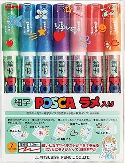 Uni Posca Glitter Marker Pc-3ml 7C, Fine Point, 7 Colors Set