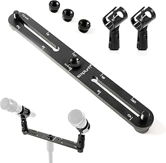 Simplurfi Stereo Array Spacing Microphone Mount with Ruled Markings - Holds 2 Mics - X-Y and ORTF Mic T-Bar Bracket, Fits 3/8" and 5/8" Mic Stands with Included Adapter (MIC-BAR-CLIP-MARK)