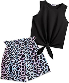 Arshiner Girl's 2 Piece Outfits Tie Knot Tank Top and Paperbag Waist Summer Short Sets With Pocketed