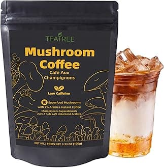TEATREE Mushroom Coffee (3.53 oz / 100g), 10 Superfood Mushrooms Powder Blend Instant Coffee for Energy, Focus, Coffee Substitute Low Caffeine