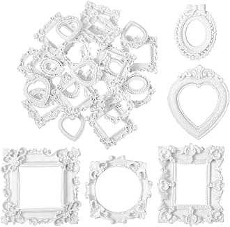 Vicenpal 25 Pcs Vintage Mini Picture Frames Antique Baroque Small Picture Frames Oval bulk Wallet Size for Wedding Victorian Home Christmas Holiday Decor(White)