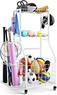Sports Equipment Garage Organizer,Garage Ball Storage Rack with Wheels-Upgraded 3 Layers Sport Toy Organizer Rack Outdoor Basketball Racks for Balls with Holder and Hooks