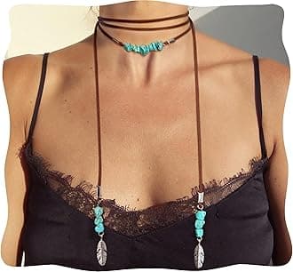 Turquoise Necklace, Vintage Lariat Necklace for Women, Boho Turquoise Choker Necklace Feather Pendant with Leather Cord, Handmade Western Style Jewelry