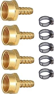 ESEKSAFAR (Inner Diameter-20.99mm) 1/2" inch BSP Thread Barb hose fitting 1-Way Union Pipe Joint, 5pc Hose clamp, (Female 4pc 1/2" Thread x Barb Hose fitting 3/8" (10mm))