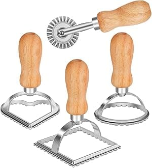 TACGEA Ravioli Stamp Maker Cutter with Roller Wheel (Set of 4), Wooden Handle and Fluted Edge, for Ravioli, Pasta, Dumplings Lasagna, Pierogi