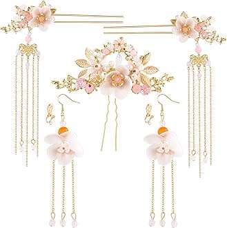 HINZIC 5Pcs Flowers Tassel Hair Pins Set, Crystal Rhinestone Pearl Hair Stick, Chinese Hanfu Traditional Wedding Classical Hair Accessories Earrings Set for Women Girls Updo Long Hair