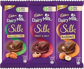 Dairy Milk Silk Small Chocolates Combo (2 X Silk Roast Almond With Whole Nuts 58G, 2 X Silk Hazelnut 58G And 2 X Silk Fruit And Nut 55G), 342 Grams