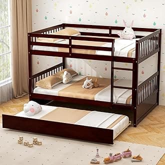 KOMFOTT Wood Full Over Full Bunk Bed with Trundle, Full Bed Frame with Ladder, Solid Wood Frame & Safety Guardrails, Space-Saving Bunk Bed for Teens & Adults, No Box Spring Needed