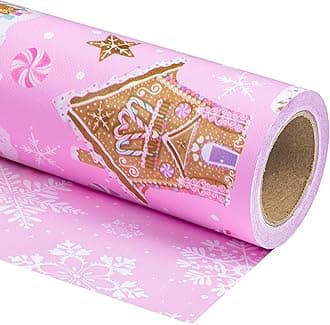WRAPAHOLIC 30 Inch Jumbo Reversible Gingerbread Christmas Wrapping Paper - 30 Inch x 100 Feet Jumbo Roll Pink Gingerbread House and Snowflake with Embossed for Christmas, Holiday, Party Celebration
