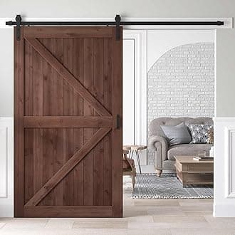 48x80 inch Sliding Barn Wood Door Slab with 8ft Hardware Kit and Handle, Coffee, K Shape, Simple DIY Assembly