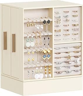 Lifewit Jewellery Storage 360° Rotatable Jewellery Box for Women, Large Storage Space, Adjustable Mirror & 6 Additional Storage Drawers, Jewellery Box for Ring, Necklace, Earring, Beige