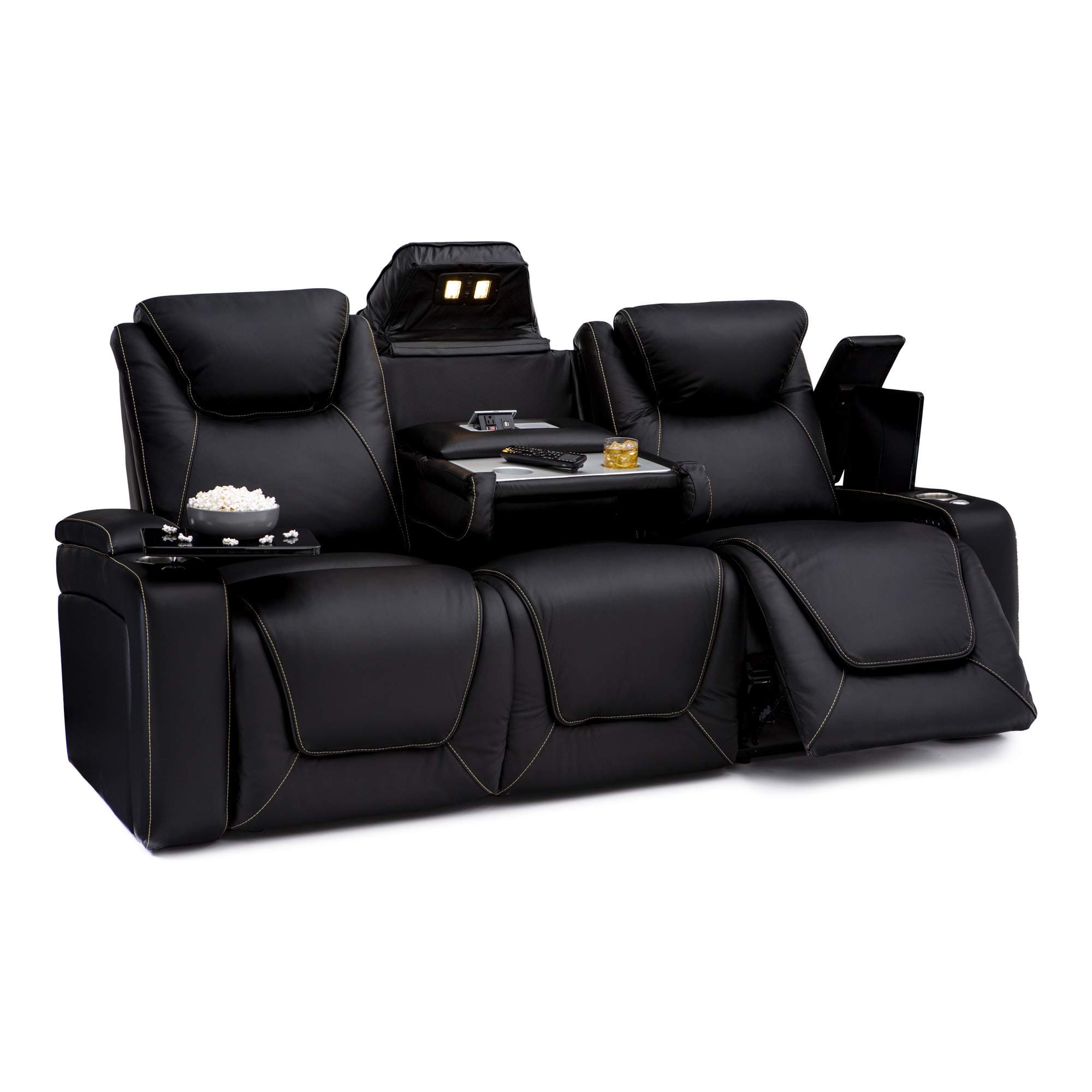 Vienna Home Theater Seating - Living Room - Italian Leather - Power Recline - Power Headrest - Powered Lumbar - USB Charging - Cup Holders - (Sofa with Fold Down Table, Black)