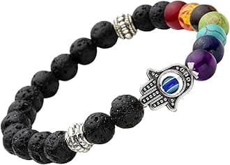 Shining Diva Fashion Spiritual 8mm Lava Rock Beads with 7 Chakra Evil Eye Stylish Unisex Bracelet (rrsd9373b)