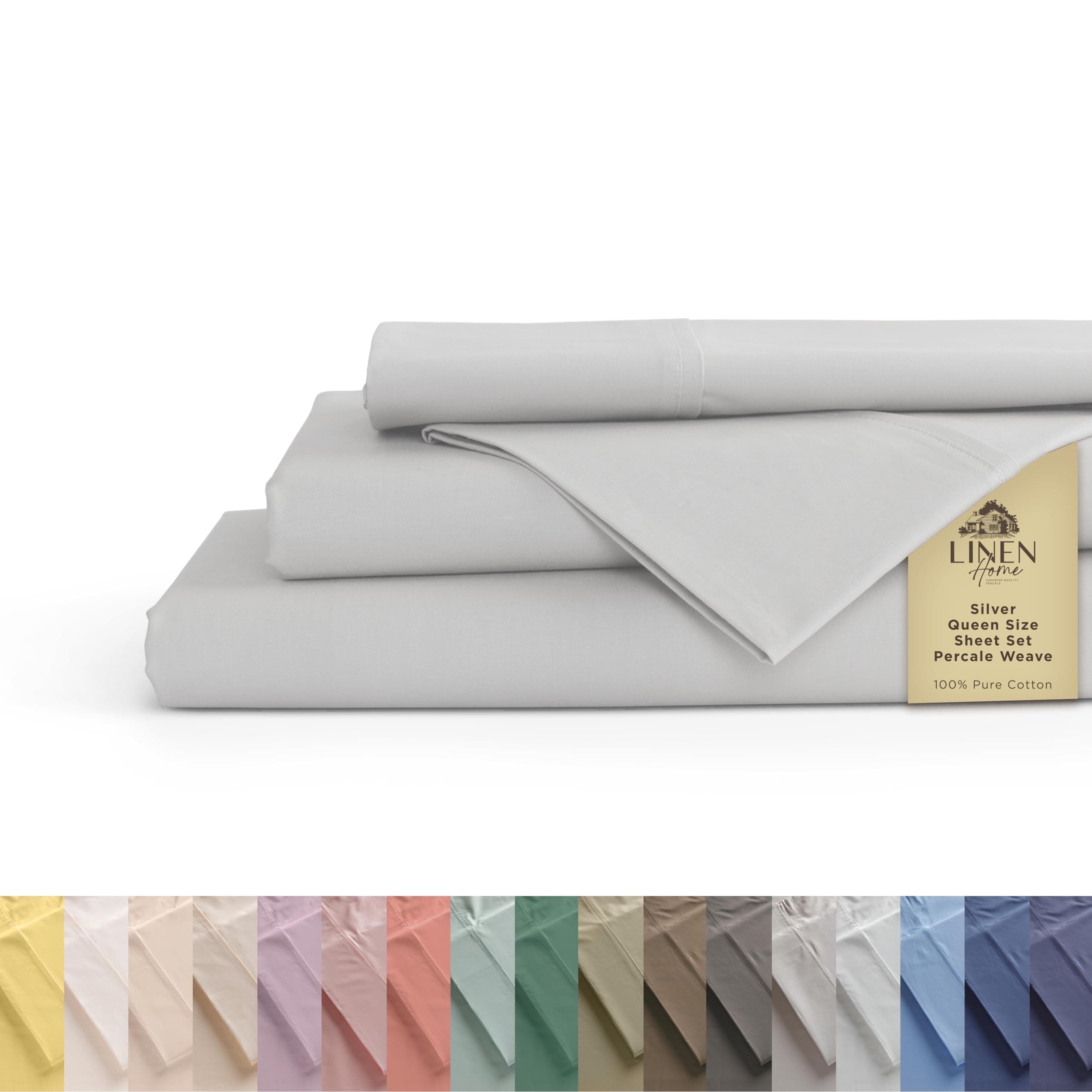 - Linen Home 100% Cotton Percale Sheets Queen Size, Silver, Deep Pocket, 4 Pieces Set - 1 Flat, 1 Deep Pocket Fitted Sheet and 2 Pillowcases, Crisp Cool and Strong Bed Linen