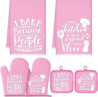 6 Pcs Kitchen Decor Accessories Set Farmhouse Towels Pot Holders Oven Mitts Set 2 Dish Towels 2 Potholders 2 Cooking Mittens Oven Glove for Baking Cooking(Light Pink,Kitchen)