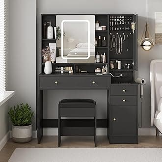 Vabches Vanity Desk with Mirror and Lights, Vanity Table Makeup Vanity with Lights 3 Drawers and Cabinets, Charging Station & Sliding Door, Lots Storage Shelves