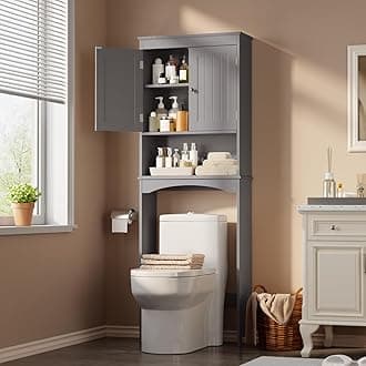 Gizoon Over The Toilet Storage Cabinet with Adjustable Shelf and Double Doors, Bathroom Space Saver Organizer Above Toilet with Open Shelf, Taller Wooden Free Standing Toilet Rack -Grey
