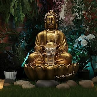 Swarnhouse Buddha Lotus Water Fountain with Light, 91 cm, Decorative Outdoor Garden Fountain for Home and Office 3 Feet (Antique Gold)