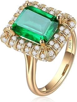 Vintage Women 18K Gold Rectangle Green Simulated Emerald Gemstone Crystal Band Rings Jewelry Size 6 to 10