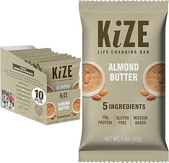 - KiZE Energy Bars - Almond Butter - Almond-Butter-Based, Gluten Free, Non-GMO, and High Protein Meal Replacement Energy Bars, Clean and Simple Food Ingredients - 10g High Protein Snacks, (10 Count)