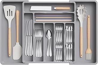 Lifewit 2Pcs Large Cutlery Drawer Organiser, Adjustable Kitchen Utensil Drawer Organiser, 9 Compartment, Cutlery Tray for Spoons Forks Knives,GreyRecycled Claim Standard 100