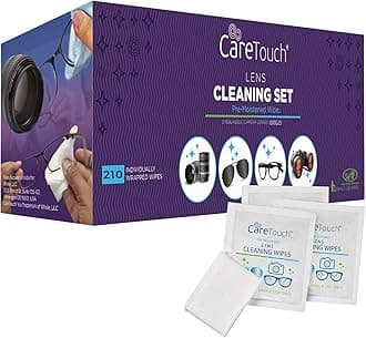 Care Touch Lens Wipes for Eyeglasses - 210 Individually Wrapped Pre-Moistened Wipes, 5x6 Inches - Cleaner for Glasses, Sunglasses, and Screens - Gentle and Portable for On-the-Go Cleaning of Devices