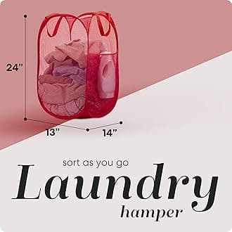 Handy Laundry Collapsible Mesh Pop Up Hamper with Wide Opening and Side Pocket – Breathable, Sturdy, Foldable, and Space-Saving Design for Clothes and Storage. (Red)