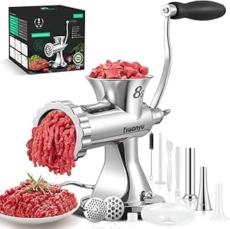 Huanyu Manual Meat Grinder with 2 Stainless Steel Sausage Stuffer Filler Hand Crank Mincer Meats Processor Grinding Machine Ground Chopper Home Use for Beef Chicken Rack chili etc. Dishwasher Safe