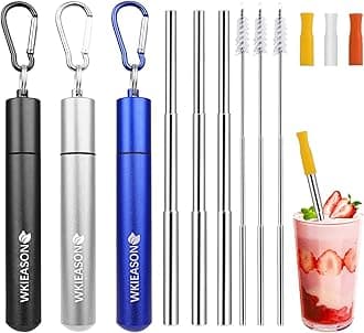 WKIEASON 3 Pack Portable Metal Drinking Straws Collapsible Stainless Steel Straws Telescopic Reusable Straw with Aluminum Key-Ring Case & Cleaning Brush and Silicone Tips for Travel Home Work