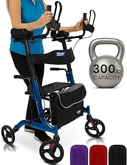 Vive Mobility Upright Walker with Seat, for Seniors, Women - Stand Up Rollator, Arm Rests, Heavy Duty, Folding Medical Aid Scooter for Elderly, Seniors - Walking Foldable Assist (Blue, Black Bag)