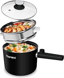 – Topwit Hot Pot Electric with Steamer, 1.5L Ramen Cooker, Non-Stick Frying Pan, Electric Pot for Pasta, BPA Free, Electric Cooker with Dual Power Control, Over-Heating & Boil Dry Protection, Black