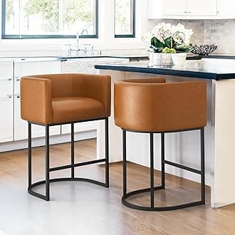 LUE BONA 27" H Counter Height Bar Stools Set of 2, Modern Barrel Counter Stools with Backrest and Arms, Black Metal Frames,Faux Leather Upholstered Accent Barstools for Kitchen Island,Yellowish Brown