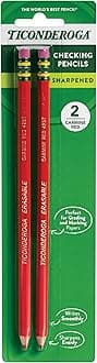 TICONDEROGA Erasable Checking Pencils, Pre-Sharpened with Eraser, Red, Pack of 2 (13901)