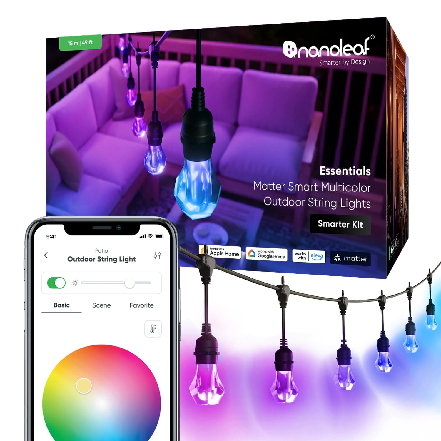 Nanoleaf Essentials Matter Smart Multicolor Outdoor String Lights Smarter Kit with Addressable RGBICW LED Bulbs, White and Color-Changing, Wi-Fi + Bluetooth, IP 65 Water Resistant (49ft, 20 Bulbs)