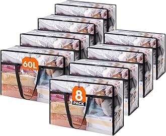 Lifewit 8 Pack Clear Clothes Storage Bags, 60L Plastic Blanket Storage Bag, Vinyl Foldable Moving Bags with Zipper, Closet Organizers and Storage Containers for Bedding, Duvet, Comforter