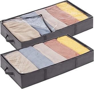 2 Pack UnderBed Storage Bags with Lid, Clothes Storage Boxes Foldable Under bed Storage Organizer with Reinforced Handle Thick Fabric Clear Window for Clothes Blankets Shoes, 65L, Grey