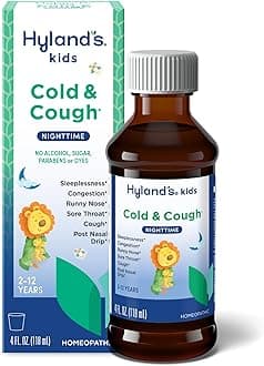 Hyland's Kids Cold and Cough, Nighttime Cough Syrup Medicine for Kids Ages 2 and up, Decongestant, Sore Throat relief and Sleeplessness, Relief of Common Cold Symptoms, 4 Fl Oz