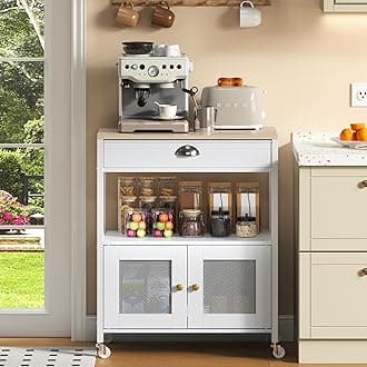 X-cosrack Coffee Bar Cabinet，3 Tiers Kitchen Coffee Cart with Drawer for The Home, Movable Farmhouse Microwave Stand on Wheels for Living Room, Entryway, Kitchen（White）