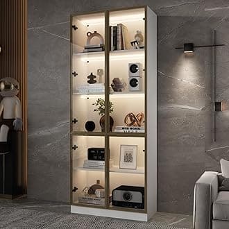 Curio Display Cabinet with Light, 5-Tier Storage Shelves with Pop-up Glass Doors & 3 Color LED Light, Collectibles Cabinet Display Shelf, Bookshelf Showcase for Living Room, White Glass Door