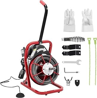 Garvee Drain Cleaner Machine, 50 ft X 3/8 in Professional Automatic Electric Drain Auger for 1 to 4 in Pipes,Semi-Auto Electric Drain Snake with 4 Cutters & Foot Switch and Pair of Gloves