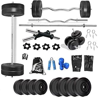 Bodyfit Home Gym Set 8 Kg to 100 Kg with Straight and Curl Rod + Dumbbell Rods Complete Exercise Equipments 1Kg Pair Dumbbell. (50 Kg Weight Plates)