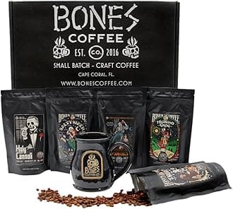 Bones Coffee Company Favorite Flavors Sample Pack Box Set with Specialty Coffee Mug, 5 Assorted Single-Origin Low Acid Medium Roast Arabica Beans Flavored Coffee Gifts, 4 oz Pack of 5 Whole Bean