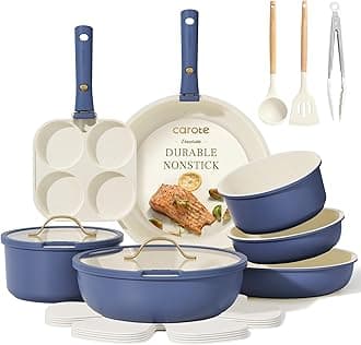 CAROTE 15pcs Pots and Pans Set, Nonstick Cookware Set Detachable Handle, Induction Kitchen Cookware Sets Non Stick with Removable Handle, RV Cookware Set, Gold and BlueRecycled Claim Standard Blended