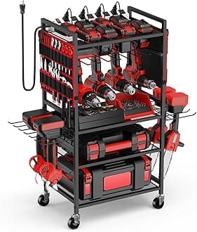 JUNNUJ - Large power tool organizer cart with 20A charging station, heavy duty drill and battery holder for storage, standing rolling tool rack for