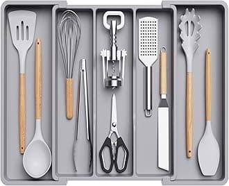 Lifewit Utensil Organizer for Kitchen Drawers, Expandable Cooking Utensil Tray, Adjustable Cutlery Silverware Flatware Holder, Plastic Spatula Tools Storage Divider, 13-22 x 15", Gray