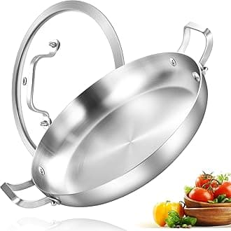 14 Inch Tri-Ply Stainless Steel Paella Pan with Lid,Large Skillet,Omelet,Griddle,Induction Cooking Pan,Dishwasher and Oven Safe.