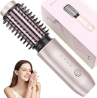 Cordless Curling Iron Brush, 2 in 1 Cordless Hair Curler and Straightener Brush, 7000Mah Portable Travel Iron Mini, Rechargeable Curling Wand with Negative Ion, 150℃-210℃ (Pink)